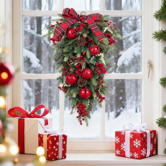 Glitzhome® 28" Christmas Bell Pinecone & Berry Bow Teardrop, Set of 2